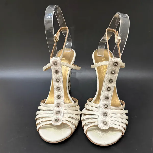 ESCADA Ivory White Leather Crystal Studded T-Strap Wedge Sandals Size 37 1/2 - Image 2