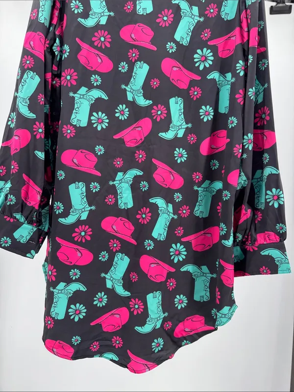 Jess Lea Black Mini shirt Dress with Pink & Teal Western Print M cowboy boots - Image 9