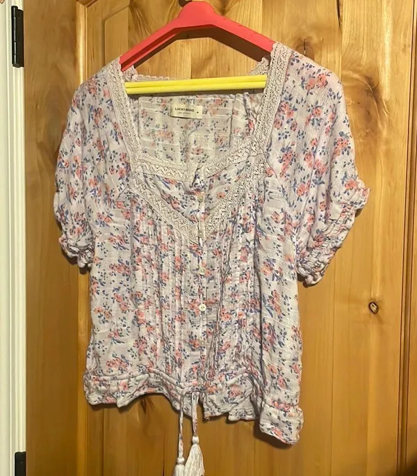 Lucky Brand 7W46342 Lilac Multi Floral Short Sleeve Peasant Top $69.50 EUC M - Image 6