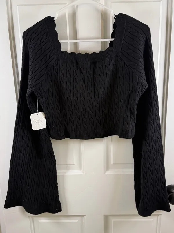 Altar’d State Black Cable Knit Cropped Bell Sleeve Sweater XL NWT - Image 7
