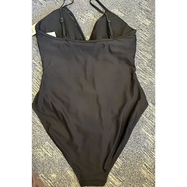 Time and Tru Black One Piece Swimsuit Mesh Inset Ruched Hi Cut Women's Large NEW - Image 2