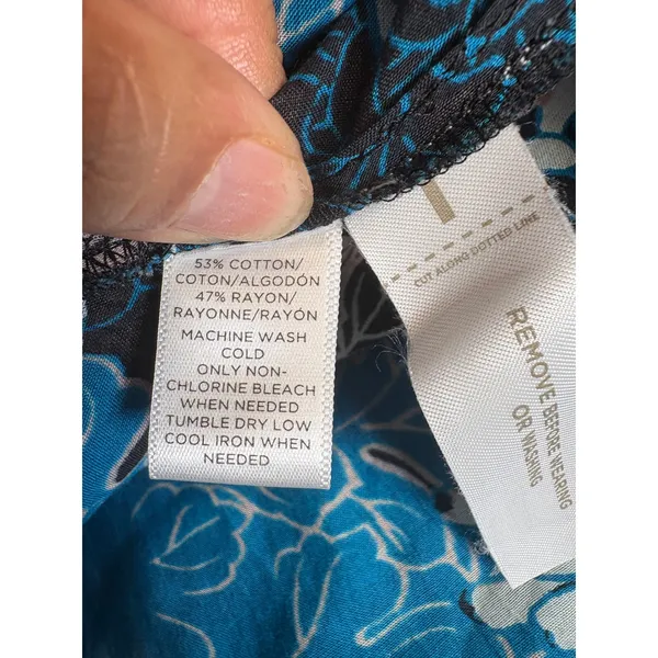 Loft Floral Border Print Split Neck Blouse Black Blue Boho Top Medium - Image 7