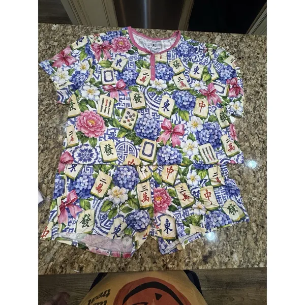Zumbamboo Mahjong in Bloom Bamboo Women Short Sleeve Short Pajama Set Size XL - Image 2