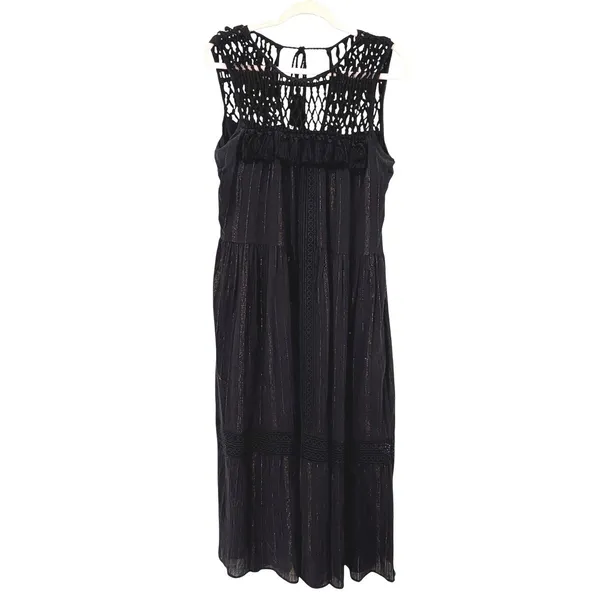 Maeve Anthropologie Black Crochet Tassel Metallic‎ Stripe Tiered Maxi Dress M - Image 2
