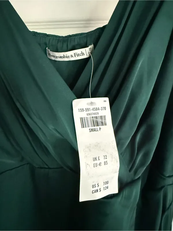 NWT Abercrombie & Fitch Satin Draped Wrap Midi Dress Emerald Green Small Petite - Image 4