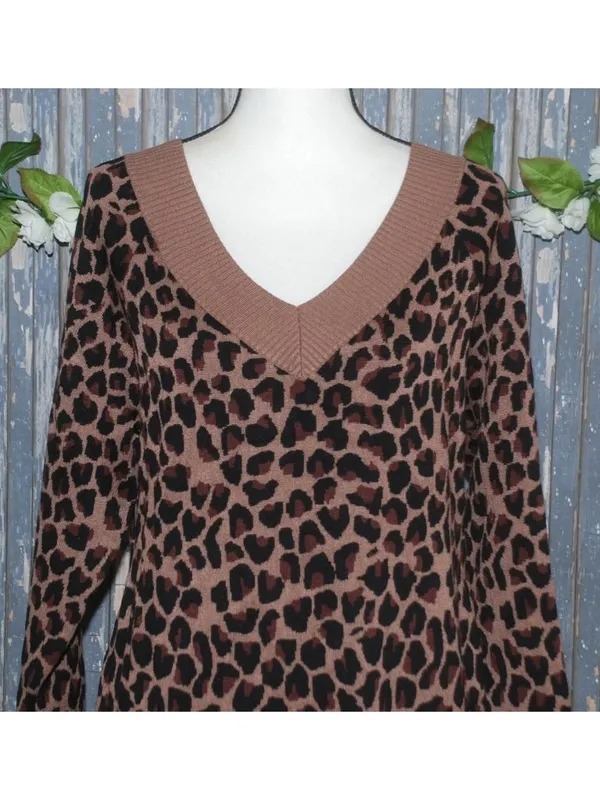 Cato Brown Leopard Animal Print Sweater Dress Size L Sexy Bodycon V-neck Stretch - Image 4