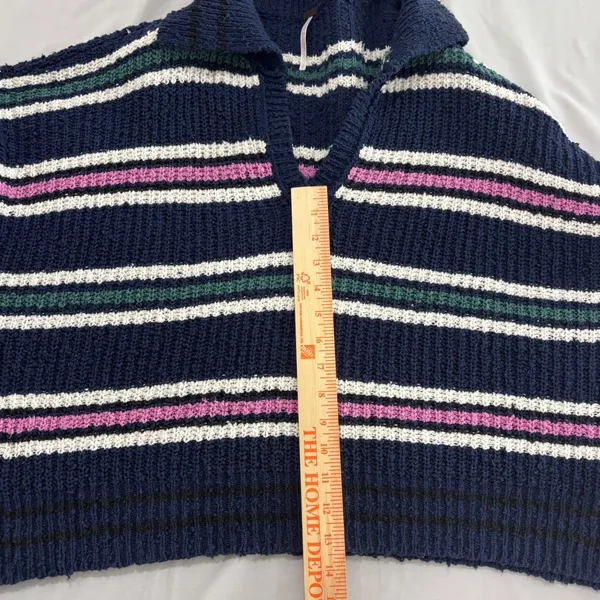 Free People Navy Blue Striped Chunky Knit Polo V-Neck Sweater Large - Image 5
