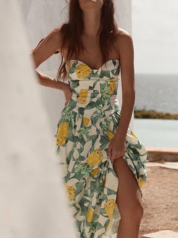 Zara Strapless Fruit Print Maxi Dress - Green & Yellow - Image 5