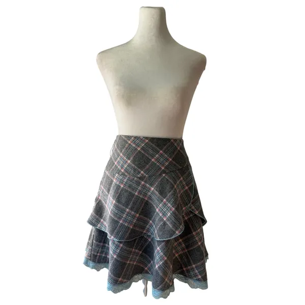 Freebird Gray & Blue Plaid Tiered Lace Hem Mini Skirt - Image 3