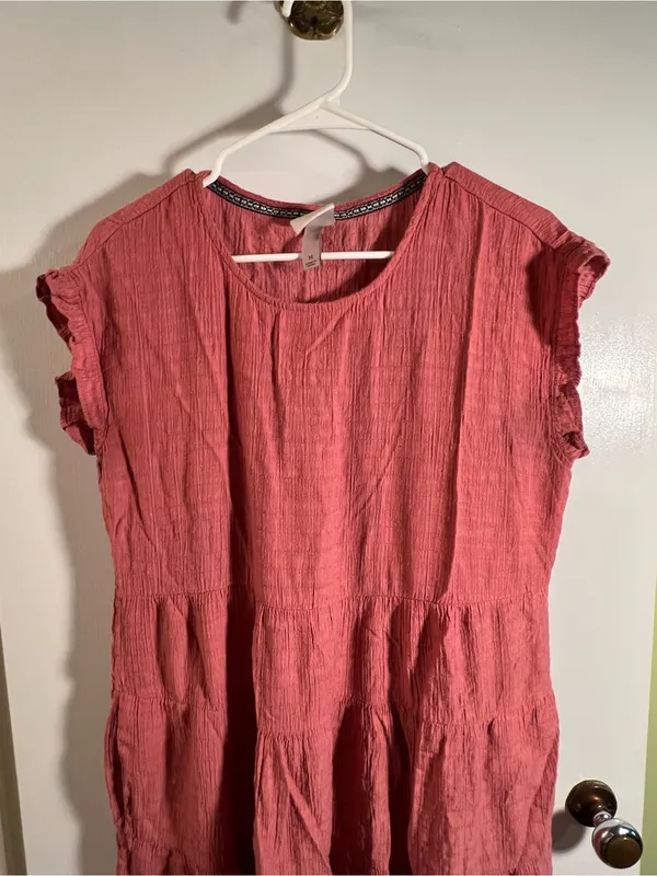Knox Rose Women’s Sz Medium Mini Dress Pink Gauzy Flutter Sleeve Crewneck Tiered - Image 3