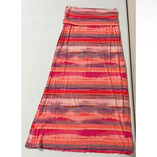 Pink Coral Orange Striped Y2K Fold Over Maxi Skirt Bottoms Size S 🍊✨ - Image 4