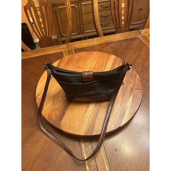 Brighton Black Pebbled Leather Hobo Silver Heart Detail Small Handbag Purse - Image 4