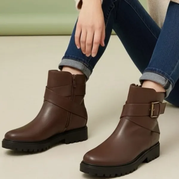 Unisa Dark Brown Casual Zip Up Ankle Boots with‎ Gold Buckle Size 8.5 - Image 2