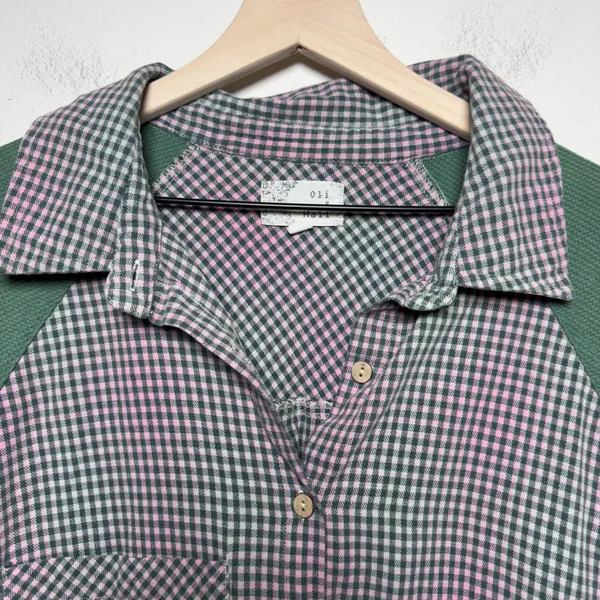 Oli & Hali Womens 100% Cotton Button Up Shirt M Green Pink Gingham Waffle Knit - Image 2