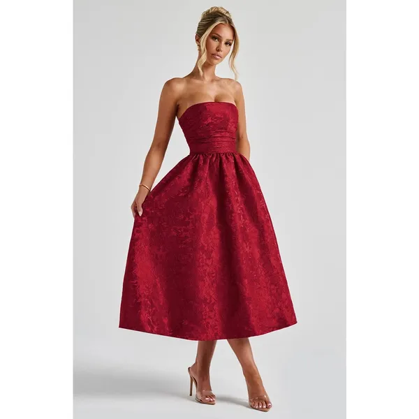 NWT Babyboo Saoirse Red Floral Jacquard Strapless Fit & Flare Midi Dress Size S - Image 5