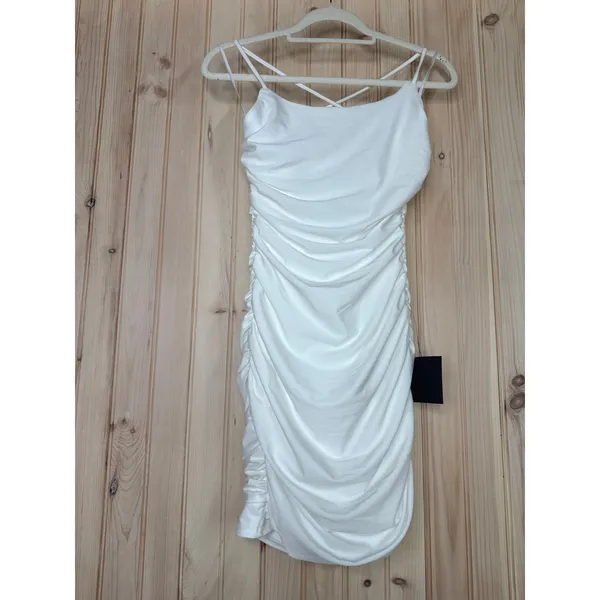 Lulus Confident Allure White Ruched Lace-Up Bodycon Dress Short Holiday Small - Image 2