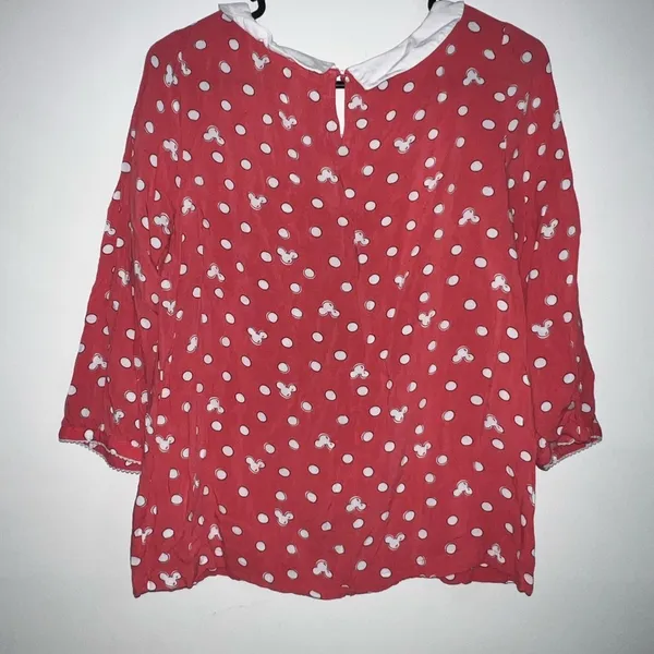 Disney Lauren Conrad pink white polka dot mini mouse rayon top peterpan collar M - Image 3