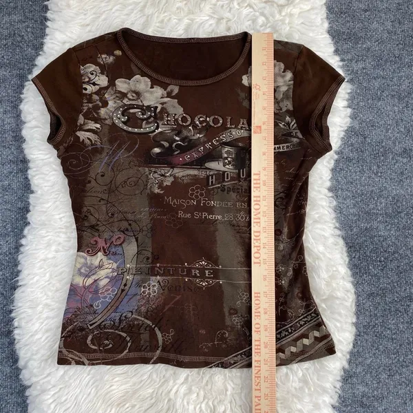 Y2k Brown Baby Tee Chocolate Espresso Coffee Floral Short Sleeve Rhinestone - Image 7