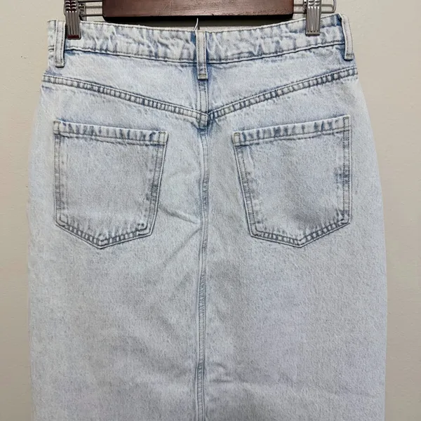 Zara Women's Light Acid Wash Denim Maxi Skirt High Waisted Front‎ Slit Raw Hem M - Image 6