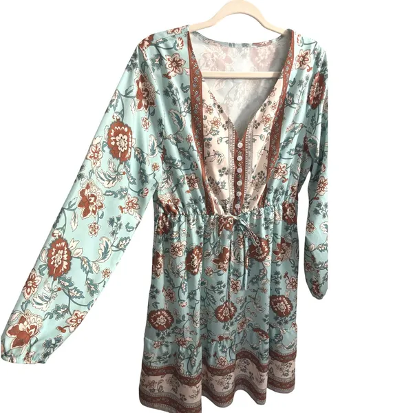 Bohemian Floral Long Sleeve Peasant Dress XL‎ Cottagecore Turquoise Rust Hippie - Image 2