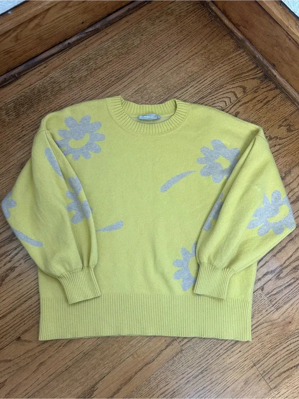 EVERLANE Floral Cotton Merino Wool Crew Neck Puff Sleeve Sweater Size M - Image 7