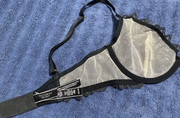 Victoria's Secret very sexy rhinestone low cut Demi black beige sheer bra - Image 3