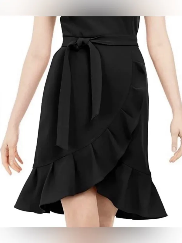 Calvin Klein Black Wrap Ruffle Tie-Waist Crepe Dress Size 4 - Image 3