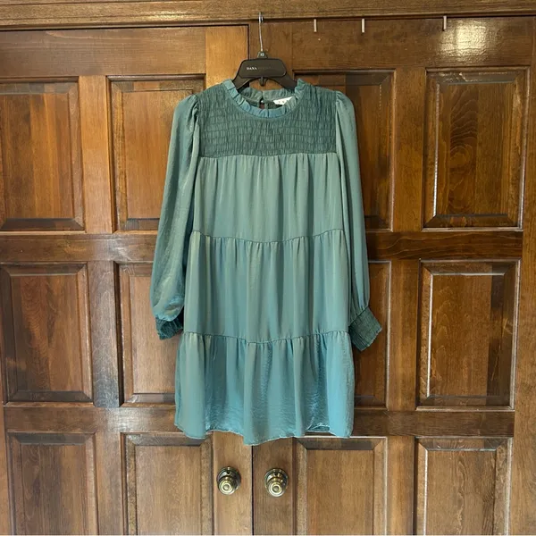 THML NWT Teal Smocked Tiered Mini Dress Long Sleeve‎ Boho Seafoam Size Small - Image 5