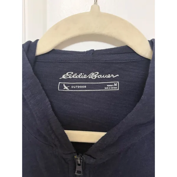 Eddie Bauer Outdoor Navy Blue 100% Cotton Ruched 3/4 Sleeve Zip Up Hoodie M - Image 4