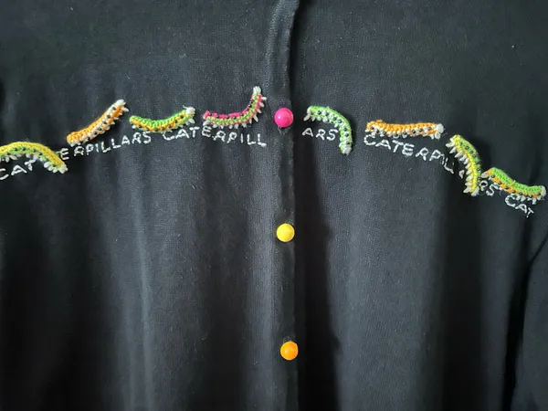 🩷VTG Marisa Christina Woman L Novalty 90s Sweater caterpillar Black Multi Color - Image 8