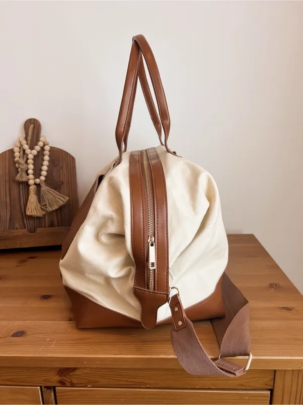Canvas Weekender Bag with Brown Leather Trim - Image 3