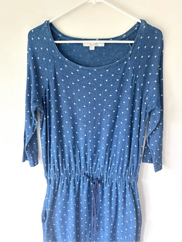 Boden Peggy Drawstring Waist Blue White Polka Dot Knee Length Dress Preppy - Image 4