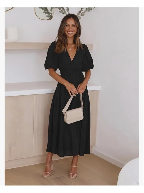 NEW Short Puffy Sleeve V Neck A-Line Flowy Wrap Wedding Guest Lined Dress S - Image 3