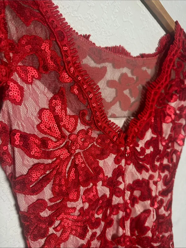 NEW Calvin Klein Red Embroidered Lace Sequin Cocktail Dress Evening Holiday Fall - Image 7