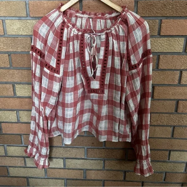 Free People Honey Grove Gingham Checkered Balloon Sleeve Blouse Size Small - Image 3