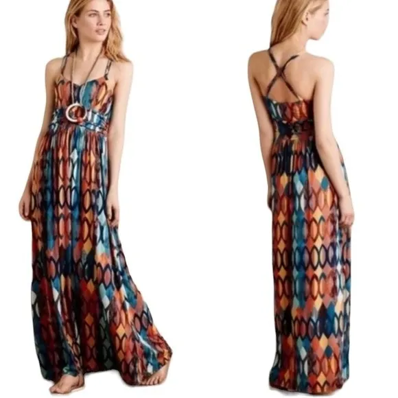Anthropologie Maeve‎ Noetzie Multicolor Geometric Crisscross Back Maxi Dress Med - Image 2