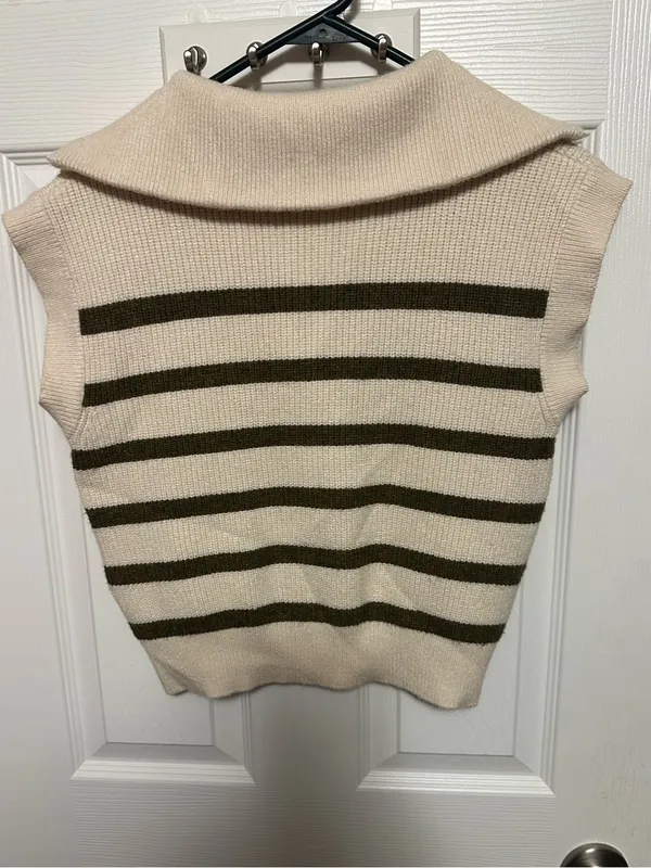 Anthropologie Cream and Olive Striped Half-Zip V-Neck Sweater Vest - Image 4