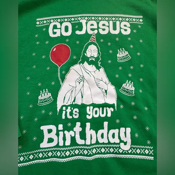 Go Jesus It's Your Birthday Christmas Party Sweater Green Sz L - Image 2