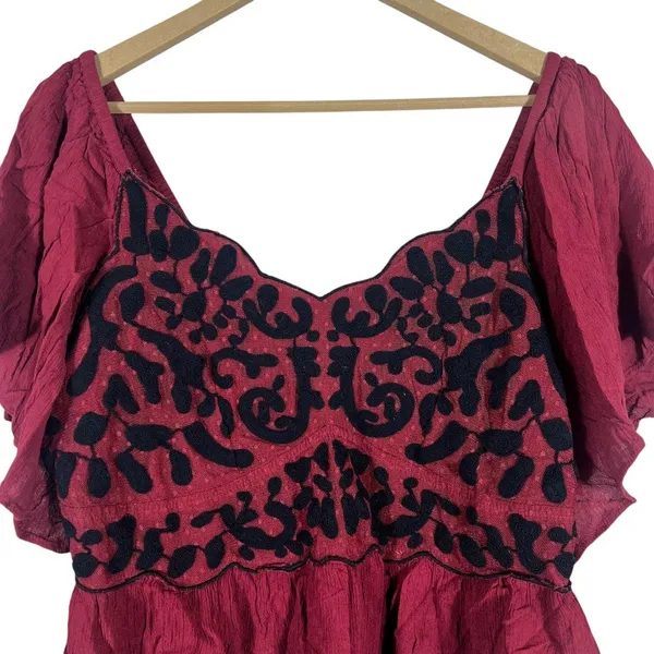 Sanni Embroidered Floral Peplum Flutter Sleeve Top Burgundy Boho Size XL - Image 2