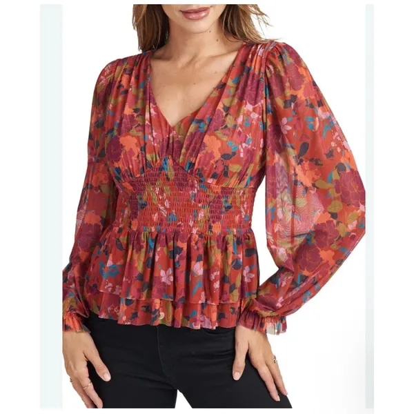 DR2 Babydoll Blouse Womens XL Smocked‎ Waist Peplum Stretch Floral Peasant Boho - Image 2