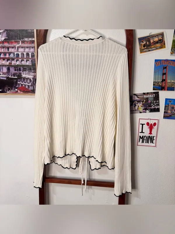Anthropologie ribbed knit long-sleeve tie-front cardigan Ivory with black trim - Image 6