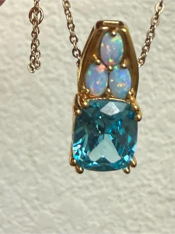 925 Sterling Gold Vermeil Cushion Cut Blue Topaz Gemstone Opal Pendant Necklace - Image 15
