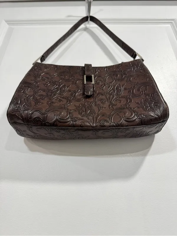 Wilsons Leather Pelle Studio Small Tooled Brown Leather Baguette Floral Y2K - Image 6