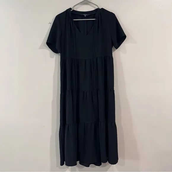 Lulus Lovely to Meet You Black Short Sleeve Tiered Midi Dress‎ SMALL - Image 5