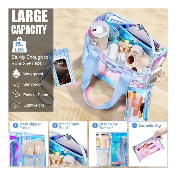 NWT Bagstellar Iridescent Clear Beach Tote Bag 4-Piece Waterproof Phone Kit - Image 4