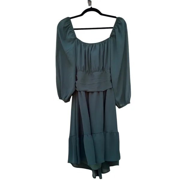 Exlura Green Square Neck Puff Sleeve High Low Mini Dress XL Cottagecore Boho - Image 10