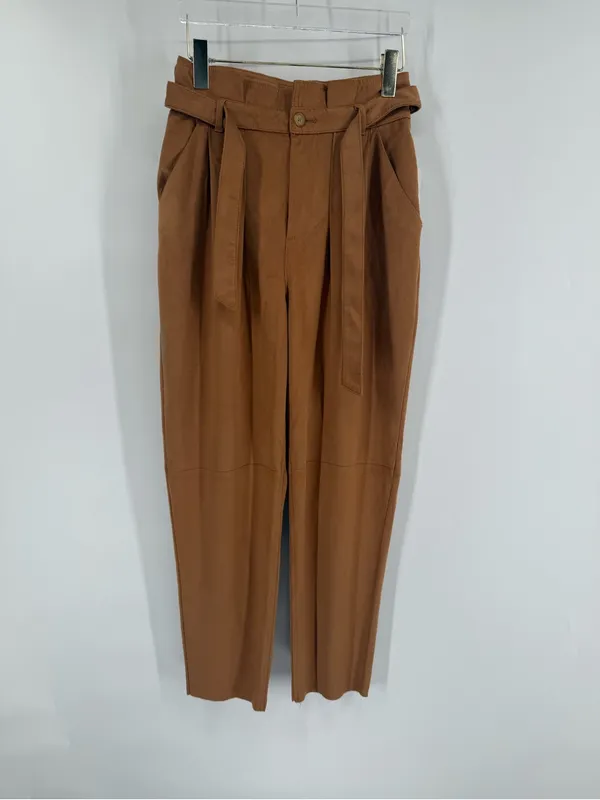 Free People Camel Nightfall‎ Vegan Faux Suede Tie High-Waisted Paperbag Pants - Image 3