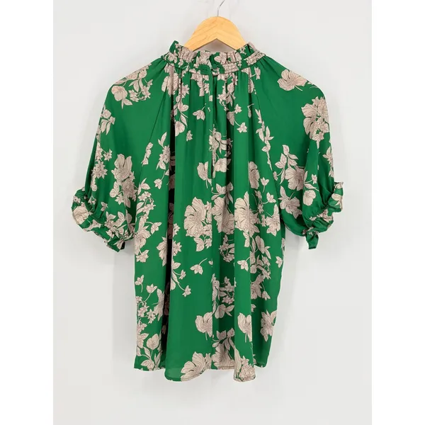 Sienna Sky Floral Blouse Womens Large Green Smocked High‎ Neck Puff Sleeve Top - Image 9