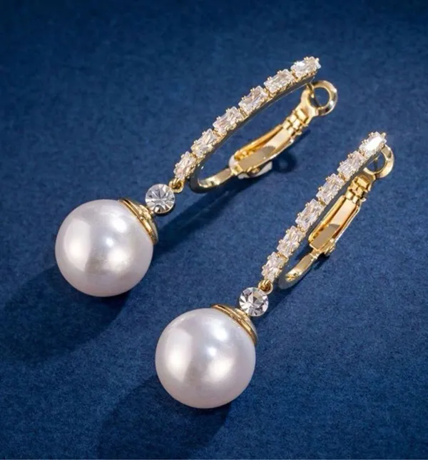 White Pearl Dangle Drop Earrings for Women - Image 3