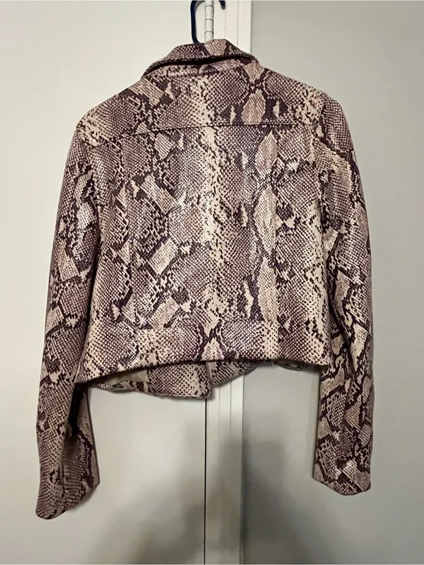 LE LIS Collection Snake Print Cropped Moto Biker Full Zip Jacket Beige S - Image 3